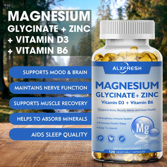 Magnesium Glycinate 500Mg Capsules High Absorption with Zinc,Vitamin D3 B6 Support Dietery Supplement Stress & Anxiety Relief