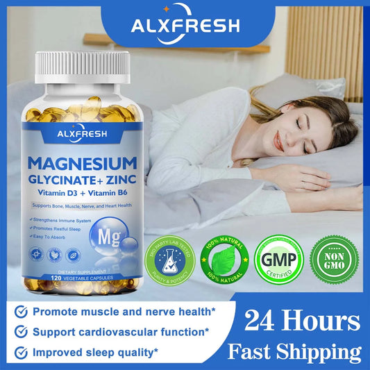 Magnesium Glycinate 500Mg Capsules High Absorption with Zinc,Vitamin D3 B6 Support Dietery Supplement Stress & Anxiety Relief