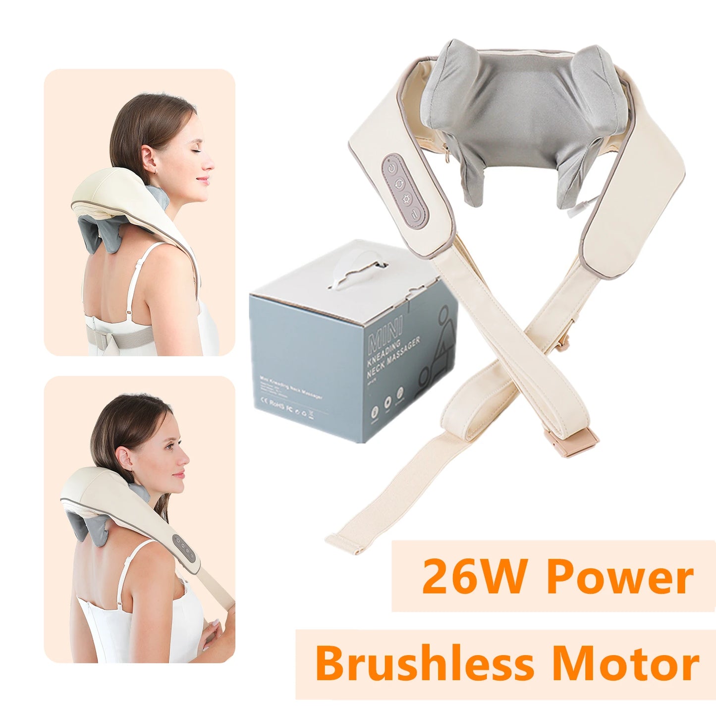 26W Wireless Brushless Motor Neck & Shoulder Massager – Kneading Massage Shawl for Back and Shoulder Relief