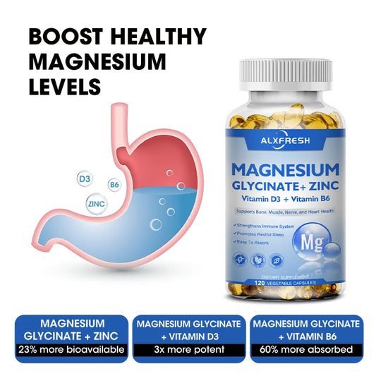 Magnesium Glycinate 500Mg Capsules High Absorption with Zinc,Vitamin D3 B6 Support Dietery Supplement Stress & Anxiety Relief