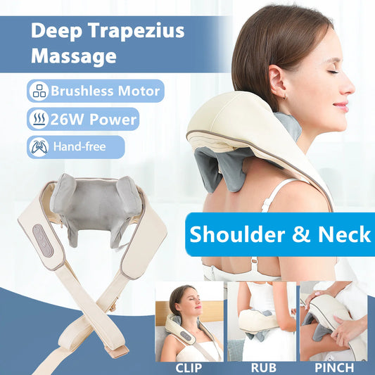 26W Wireless Brushless Motor Neck & Shoulder Massager – Kneading Massage Shawl for Back and Shoulder Relief
