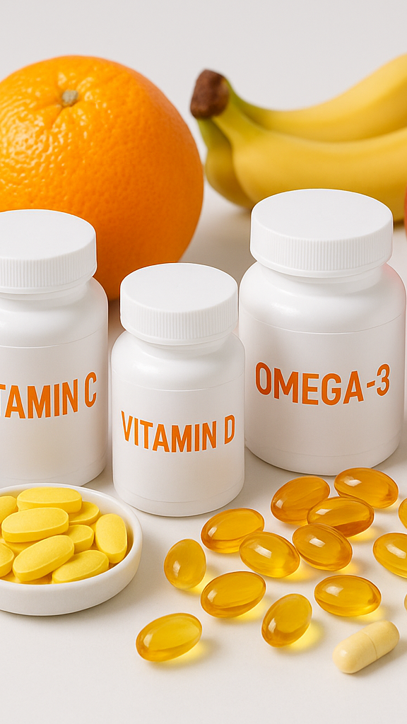 loads of vitamins and health supplements and fruit